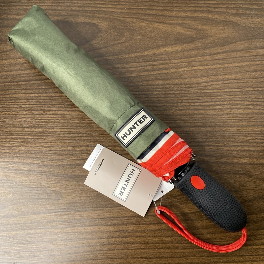 HUNTER Signature Stripe Compact Umbrella CYPRESS green(w Red & White Stripe) NWT